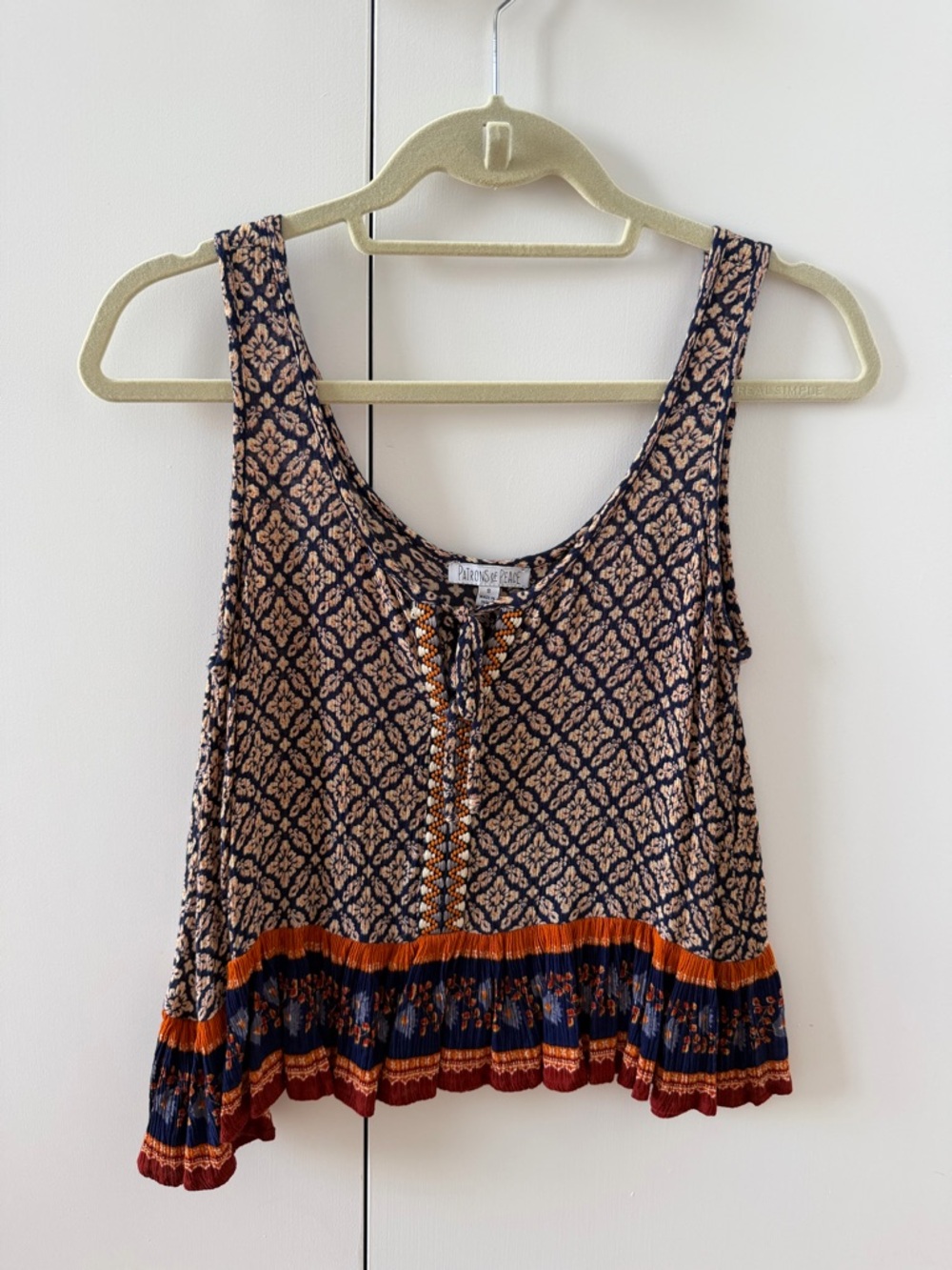 Patrons of Peace Flowy Boho Orange & Navy Printed Sleeveless Tank Top